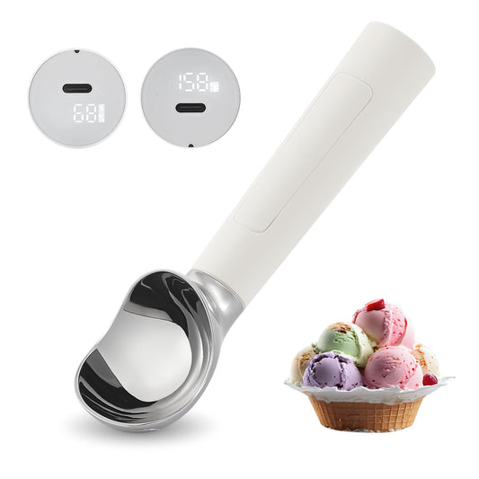 Heated Ice Cream Scoop Rechargeable, Electric Warming Ice Cream Scooper with LED Display, Heats to 158°F for Hard Ice Cream, Easy for Seniors & Kids, IP67 Waterproof (White, 2 oz)