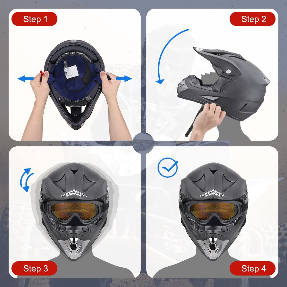 OUMURS Adult Dirt Bike Helmet with Goggles Gloves & Mask Adjustable Sun Visor DOT/FMVSS-218 Motorcycle Adults ATV Helmet Off-Road Motocross Downhill Moped MX BMX for Unisex-Adult-New Black, M