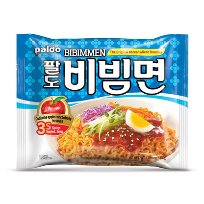 Paldo Fun & Yum Bibim Men Instant Cold Noodles, Pack of 5, Brothless Cold Ramen with Sweet & Spicy Seasoning Sauce, Oriental Style Korean Ramyun, Soupless K-Food, 130g x 5