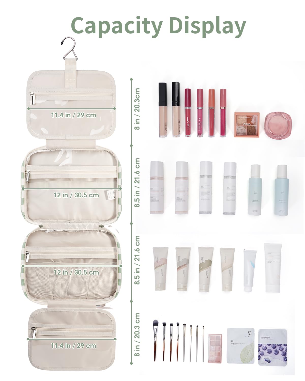 Narwey Travel Toiletry Bag for Women Large Hanging Makeup Bag Organizer Toiletries Bag for Full Size Essentials Accessories Cosmetics (Mint Green Checkerboard (Large))