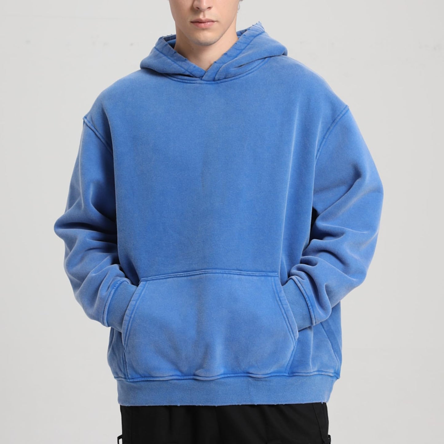 FAIABLE Mens Hoodies Oversized Unisex Acid Wash Hoodie Heavyweight Fleece Vintage Washed Distress Cotton Sweatshirt Men Women Couples Streetwear College Casual Fall Winter Autumn 2025 Bright Blue