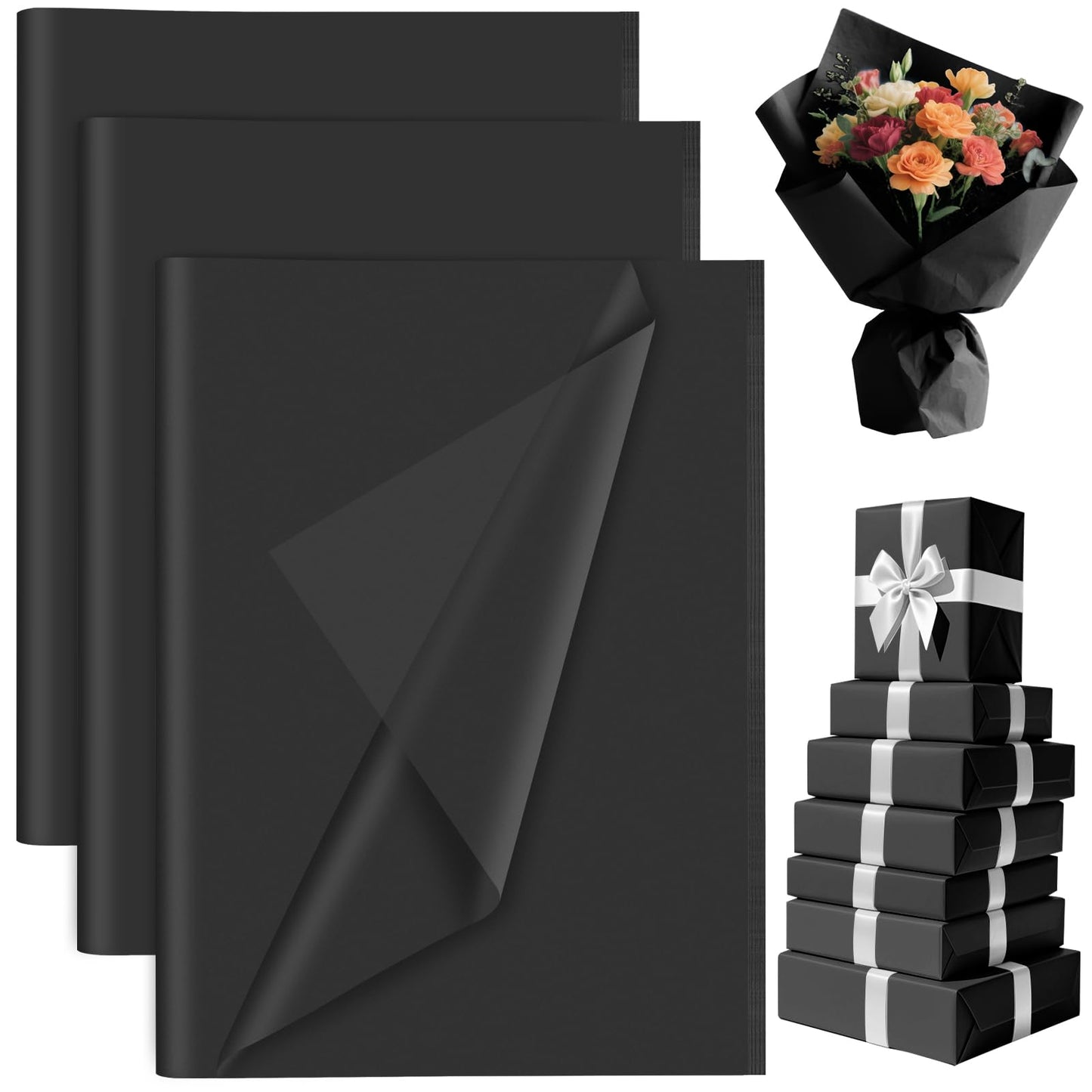 PLULON 60 Sheets Black Tissue Paper for Gift Bags, Gift Wrapping Paper Tissue Bulk for Crafts Packaging Birthday Baby Shower, Wedding Holiday Flower Bachelorette Bridal Party Decorations