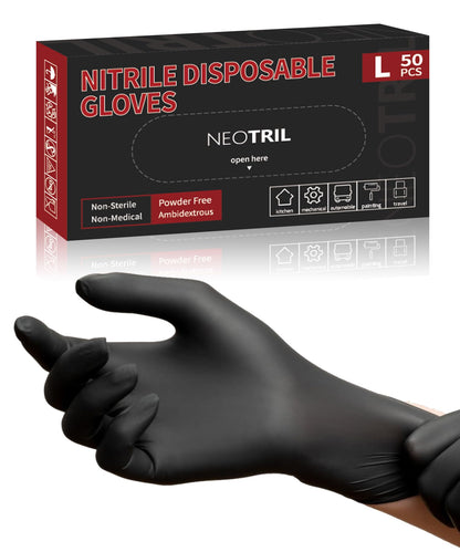 NEOTRIL 4-Mil Black Nitrile Disposable Gloves with Textured Grip, Latex Free & Powder Free, Chemical Resistant Rubber Gloves for Household Cleaning Kitchen Cooking 50Pcs Size/L