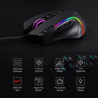 Redragon M612 Predator RGB Gaming Mouse, 8000 DPI Wired Optical Mouse with 11 Programmable Buttons & 5 Backlit Modes, Software Supports DIY Keybinds Rapid Fire Button