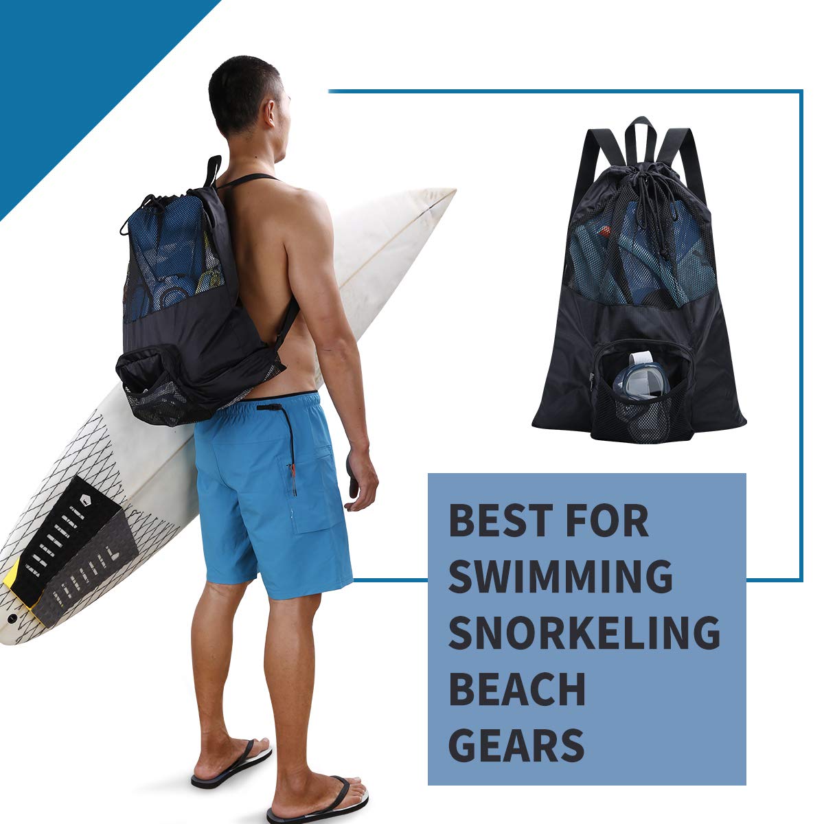 PACEARM Packable Swim Bag, Mesh Swim Drawstring Backpack with 35L Upgraded Capacity & Vented Design, Lightweight Swimmers Mesh Bag for Swimming Gear Snorkeling Equipment (Black)