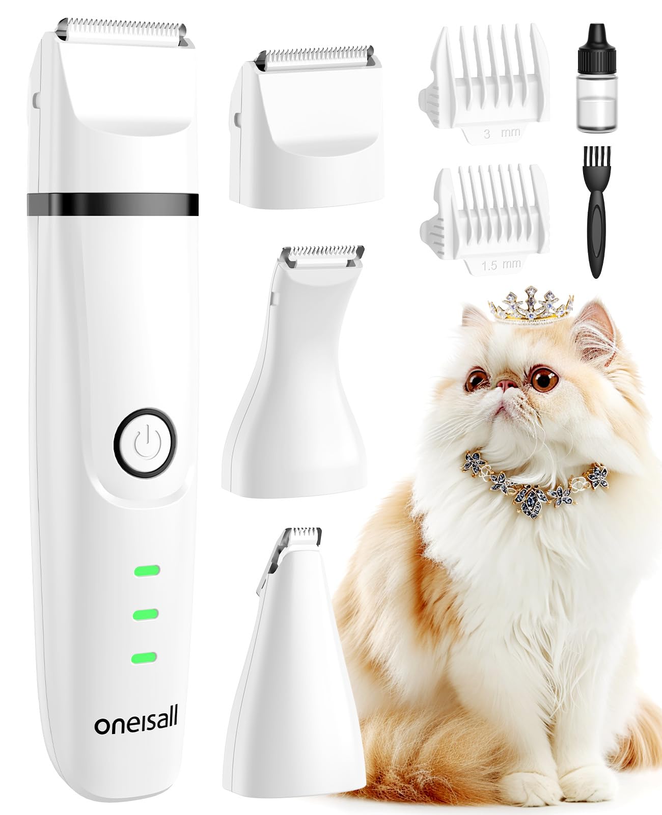 oneisall Cat Grooming Kit, 3 in 1 Quiet Cat Clippers for Thick Matted Paw Hair Trimmer, Heavy Coat Butt Shaver Cordless Pet Clippers Fur Trimmer for Dogs and Other Small Animals at Home Travel