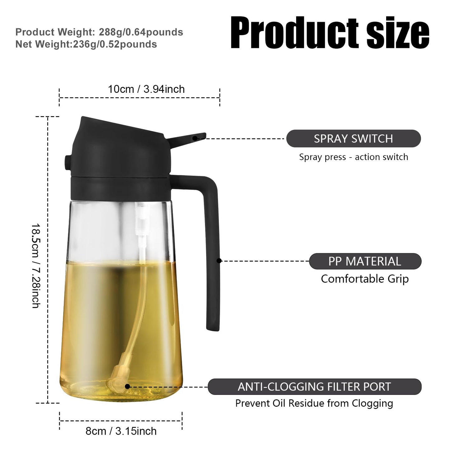 2 in 1 Glass Oil Sprayer & Dispenser,16oz/470ml Olive Cooking, Air Fryer, and Salad, for Kitchen Gadgets and Air Fryer Accessories, w/Stickers (Black)