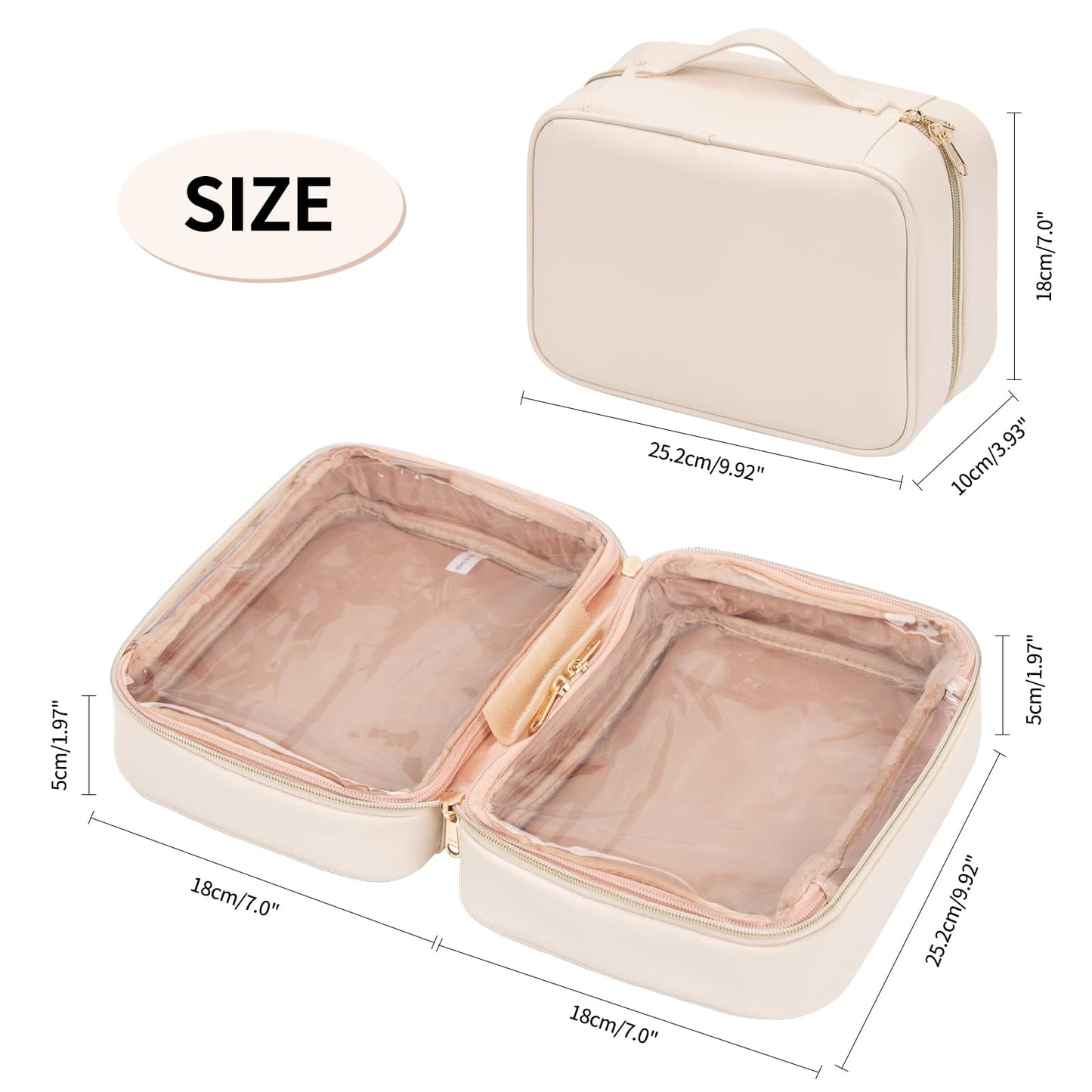 OCHEAL Makeup Bag, Make up Travel Bag Large Capacity Waterproof Cosmetic Organizer Bag with Makeup Brush Compartment & Handle for Women Girls Travel Toiletry Accessories-Beige