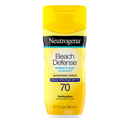 Neutrogena Sunscreen Lotion Beach Defense SPF 70, Face and Body Sunscreen, Hawaii Reef Act 104 Compliant, Octinoxate & Oxybenzone Free, Oil Free, Fast Absorbing Sun Care, 6.7 fl oz