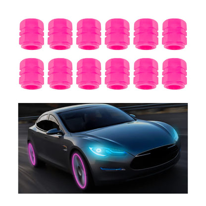 12PCS Fluorescent Car Tire Valve Stem Caps, Auto Corrosion Resistant Wheel Valve Cover, Luminous Illuminated Glow in The Dark, Car Decor Accessories Universal for SUV, Trucks, Car (Pink)