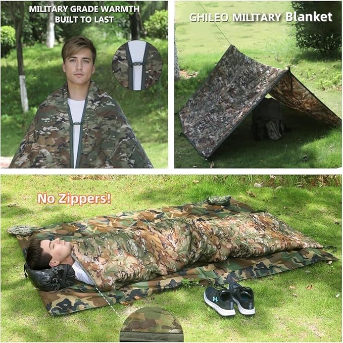 GHILEO Camo Poncho Liner, Army Blanket, Military Sleeping Bag, with A Compression Carrying Bag, for Traveling, Hiking, Camping, Outdoor Survival, Car Blanket