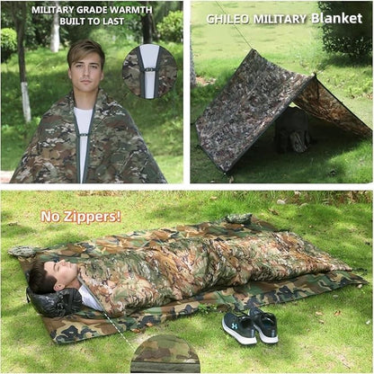 GHILEO Camo Poncho Liner, Army Blanket, Military Sleeping Bag, with A Compression Carrying Bag, for Traveling, Hiking, Camping, Outdoor Survival, Car Blanket