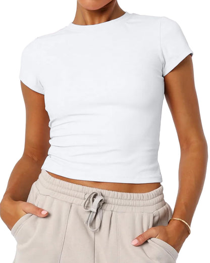 Mousnipy Women's Basic Summer Short Sleeve Crewneck T-Shirts Y2K Cute Going Out Tops Baby Tee(White,Medium)