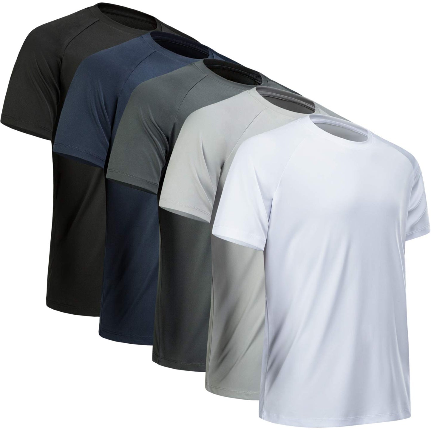 MCPORO Workout Shirts for Men Short Sleeve Quick Dry Athletic Gym Active T Shirt Moisture Wicking 5 Pack Black, Dark Grey, Light Grey, White, Navy Large