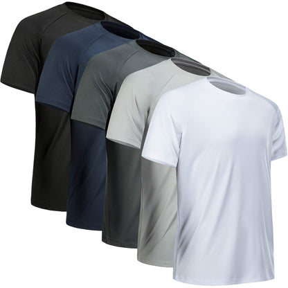 MCPORO Workout Shirts for Men Short Sleeve Quick Dry Athletic Gym Active T Shirt Moisture Wicking 5 Pack Black, Dark Grey, Light Grey, White, Navy Large