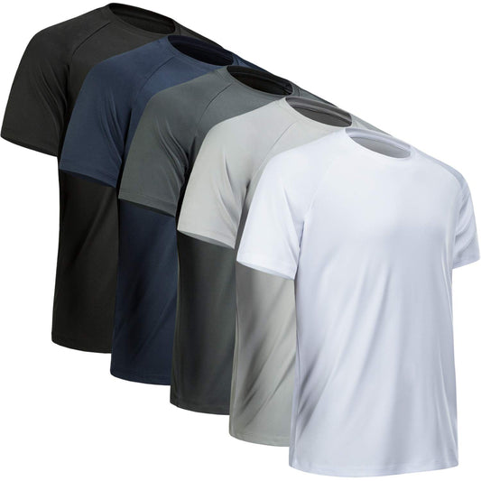 MCPORO Workout Shirts for Men Short Sleeve Quick Dry Athletic Gym Active T Shirt Moisture Wicking 5 Pack Black, Dark Grey, Light Grey, White, Navy Large