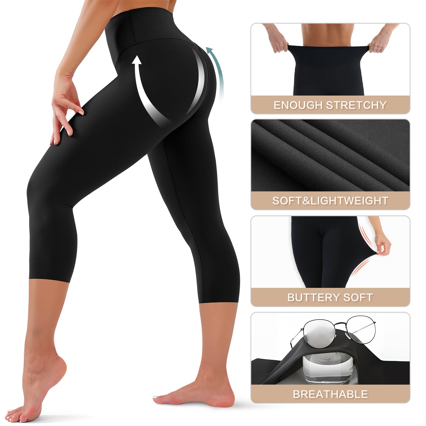 High Waisted Capri Leggings for Women - Tummy Control Soft Yoga Pants for Workout Running No See Through Plus Size Black