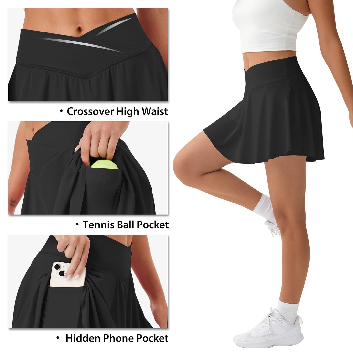 FireSwan Tennis Skirt for Women with Pockets Shorts Crossover High Waisted Pleated Golf Skorts Athletic Workout Skirts(Black M)