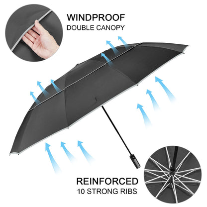 G4Free 62 Inch Windproof Inverted Umbrella with Reflective Stripe Large Compact Reverse Golf Umbrella for Rain 10 Ribs Double Canopy Travel Umbrella Automatic Open Close (Black)