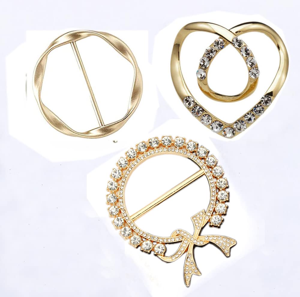 3 Pack Alloy T Shirt Clips Rhinestone Scarf Pearl Clip Buckles 1.9 Inch Round T-shirt Silk Scarves Clothes Waist Tie Decoration Accessories for Women Lady Girls