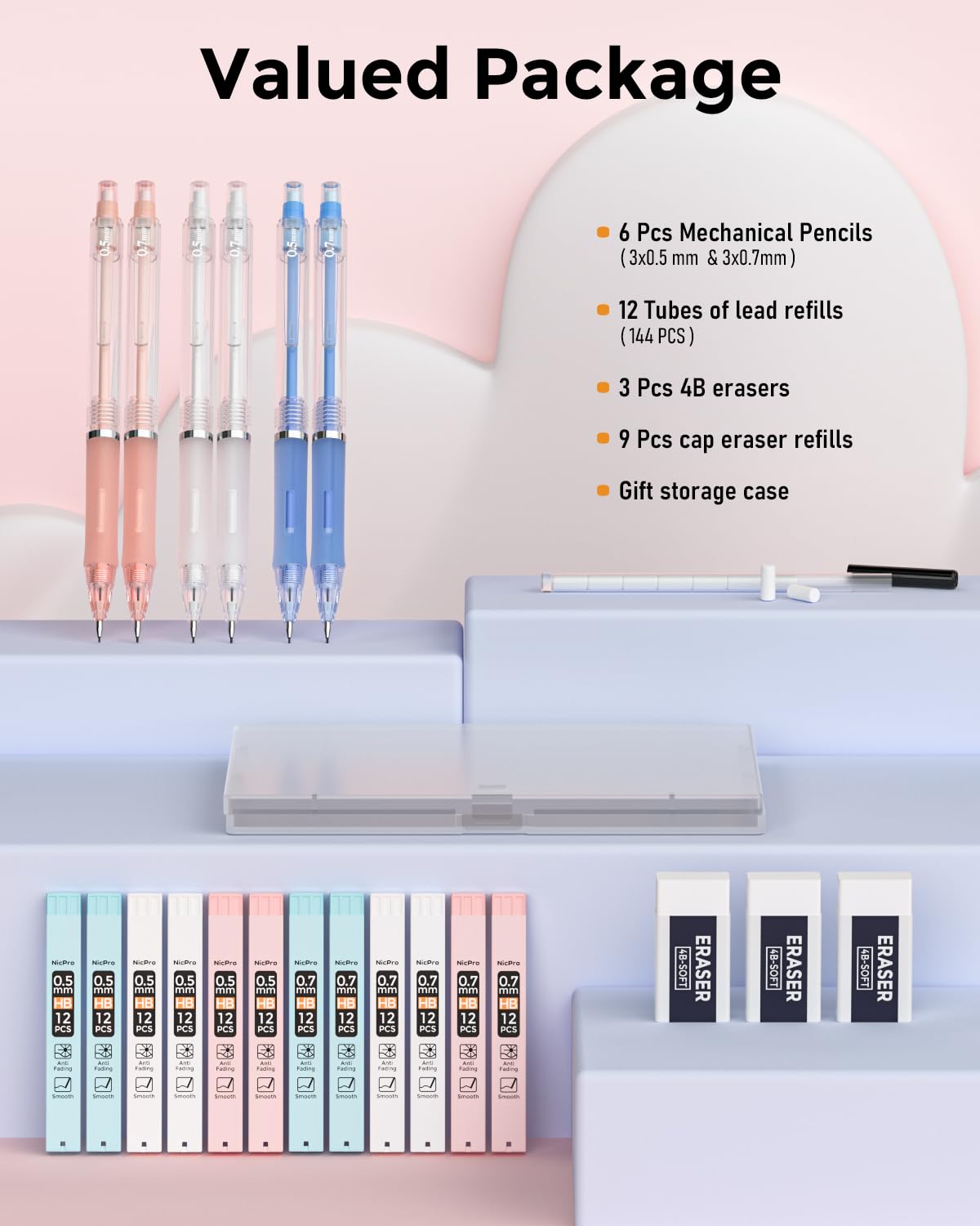 Nicpro 23PCS Pastel Mechanical Pencil 0.5 & 0.7 mm with Case for School, with 12 tubes HB Lead Refills, 3 Erasers, 9 Eraser Refills For Student Writing, Drawing, Sketching, Blue & Pink & White Colors