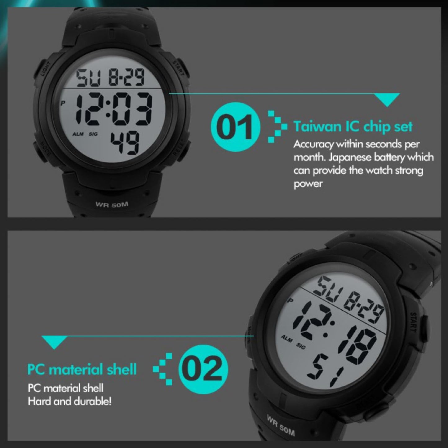 Mens Digital Waterproof Sports Watch LED Screen Large Face Military Watches for Men Casual Luminous Stopwatch Alarm Simple Army Watch