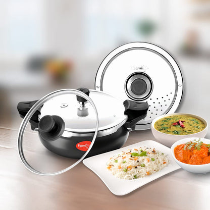 Pigeon 3.2 Quart All-In-One Super Cooker - Steamer, Cooking Pot, Pressure Cooker, Dutch Oven - For All Cooktops - Quick Cooking of Meat, Soup, Rice, Beans, Idli & more, Hard Anodized, (3 Liters)
