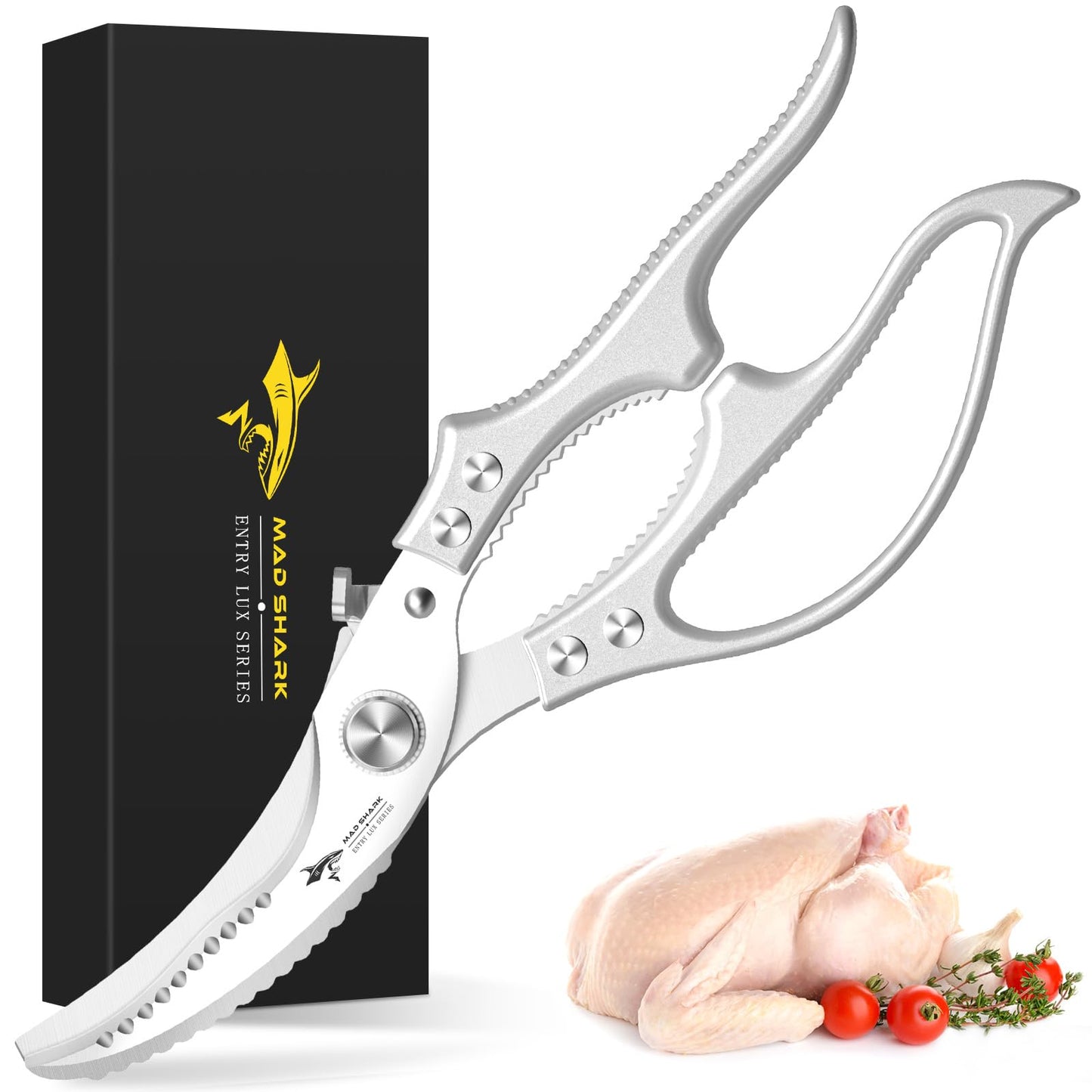 MAD SHARK Heavy Duty Poultry Shears, Kitchen Shears with Non-Slip Handle & Safety Lock, All Purpose Kitchen Scissors for Chicken, Meat Cutting, Turkey, Fish, Vegetables, Spring Loaded, Dishwasher Safe