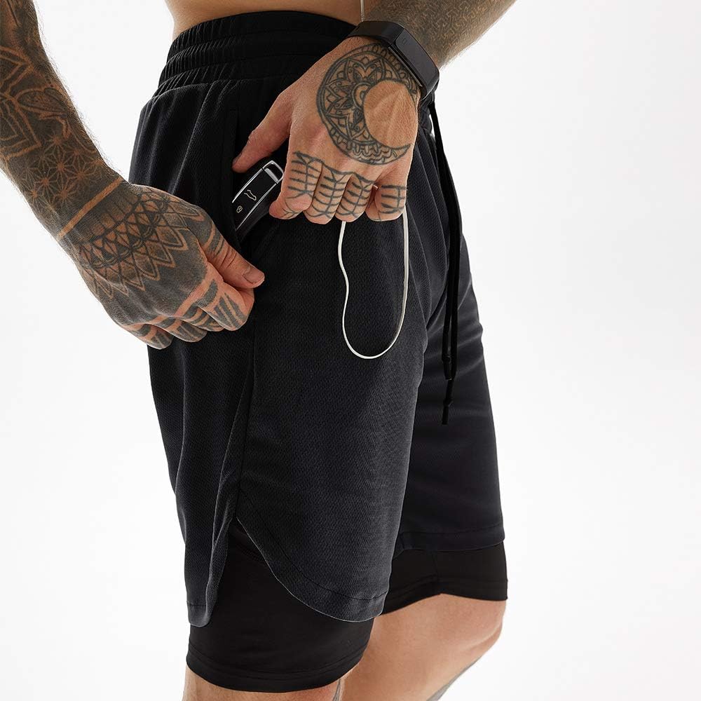 JWJ 3 Pack Men's 2 in 1 Workout Running Shorts 7 Inch Lightweight Athletic Gym Shorts with Compression Liner Black Dark Grey Light Grey L