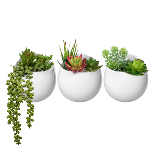 Mkono Wall Planter with Artificial Plants, Decorative Potted Fake Succulents Picks Assorted Faux Succulent in Modern Ceramic Hanging Plant Pot Vase for Home Decor, Set of 3