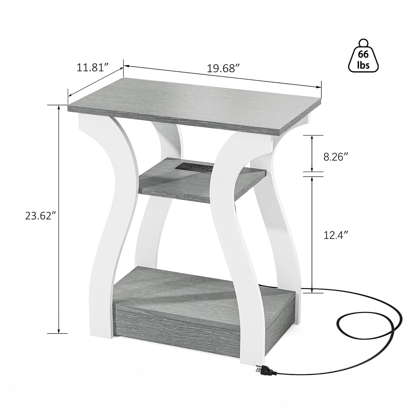 FROMJBEST End Tables Living Room, Grey End Table with Charging Station, Grey Side Table, Nightstand for Bedroom, 3 Tier End Table with Storage Shelf for Living Room