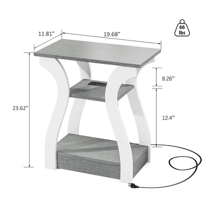 FROMJBEST End Tables Living Room, Grey End Table with Charging Station, Grey Side Table, Nightstand for Bedroom, 3 Tier End Table with Storage Shelf for Living Room