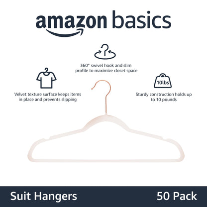 Amazon Basics Slim Velvet, Non-Slip Suit Clothes Hangers, Pack of 50, Blush Pink/Rose Gold