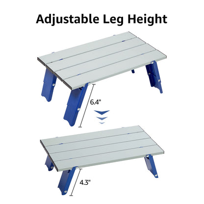 PORTAL Folding Mini Small Beach Table, Portable Aluminum Beach Table with Retractable Legs and Carry Bag for Outdoor Picnic/Cooking/Camp/Travel/Beach,15" L x 8" W x 6" H, Silver/Blue