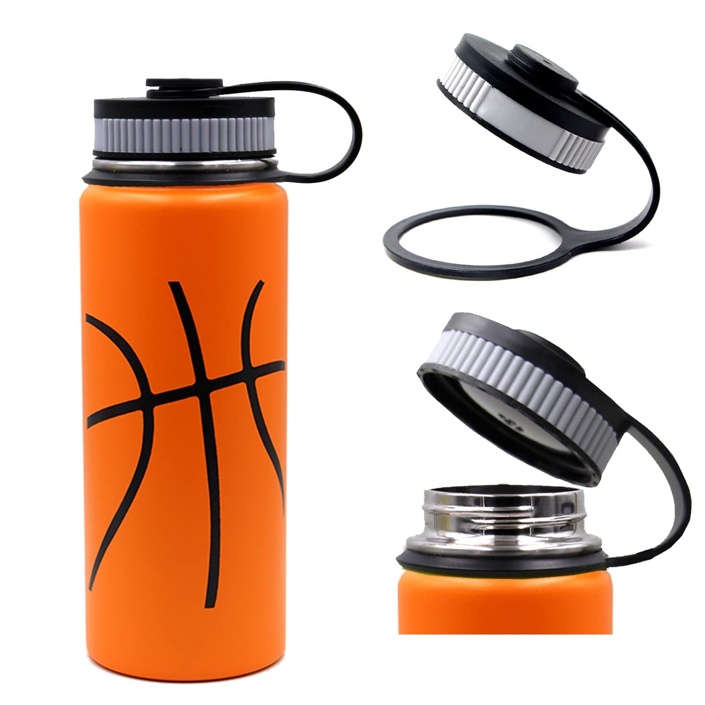 18 oz Basketball Water Bottle, Metal Travel Tumbler Sports Flask with 2 Lids, Stainless Steel Double Wall Vacuum Leakproof Insulated Water Bottles, Basketball Accessories Gifts for Boys Girls Player