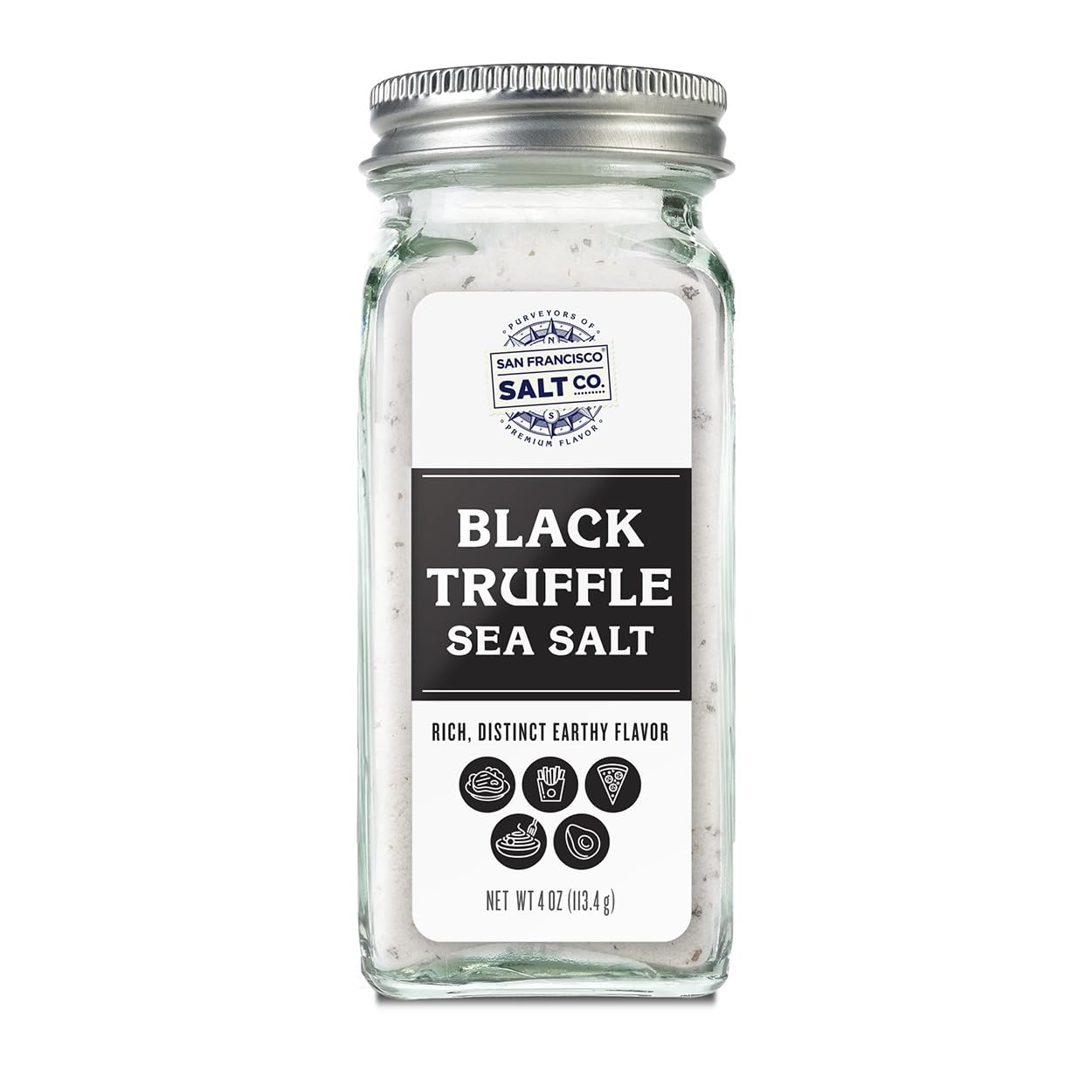 Italian Black Truffle Sea Salt 4 oz. Glass Shaker by San Francisco Salt Company