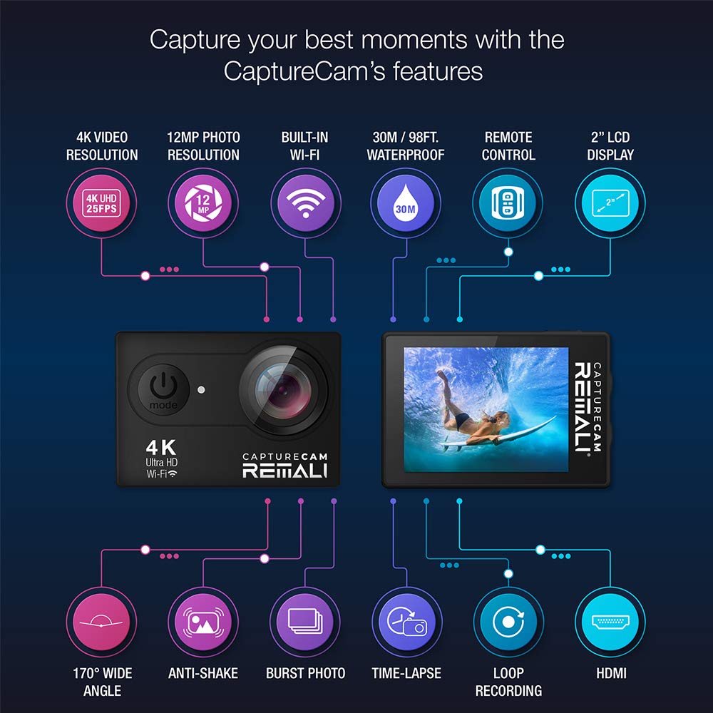 REMALI CaptureCam 4K60FPS Waterproof Action Camera 21-Piece Complete Kit and 3 Batteries — Amazing Family Sports Camera That Captures Best Moments — Great for Baseball, Fishing & Travel Adventures