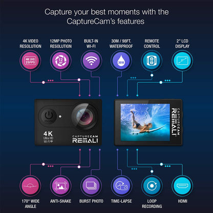 REMALI CaptureCam 4K60FPS Waterproof Action Camera 21-Piece Complete Kit and 3 Batteries — Amazing Family Sports Camera That Captures Best Moments — Great for Baseball, Fishing & Travel Adventures
