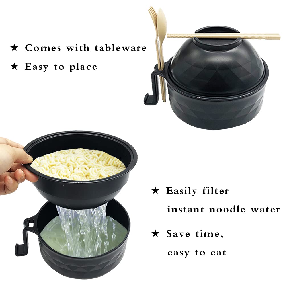 Lshfwn 33oz Microwave Ramen Cooker,Ramen Bowl Set,Instant Noodles Bowl with Chopsticks,Rapid Ramen Cooker with Handles for College Dorm Room Apartment Essentials Dishwasher-Safe,Black