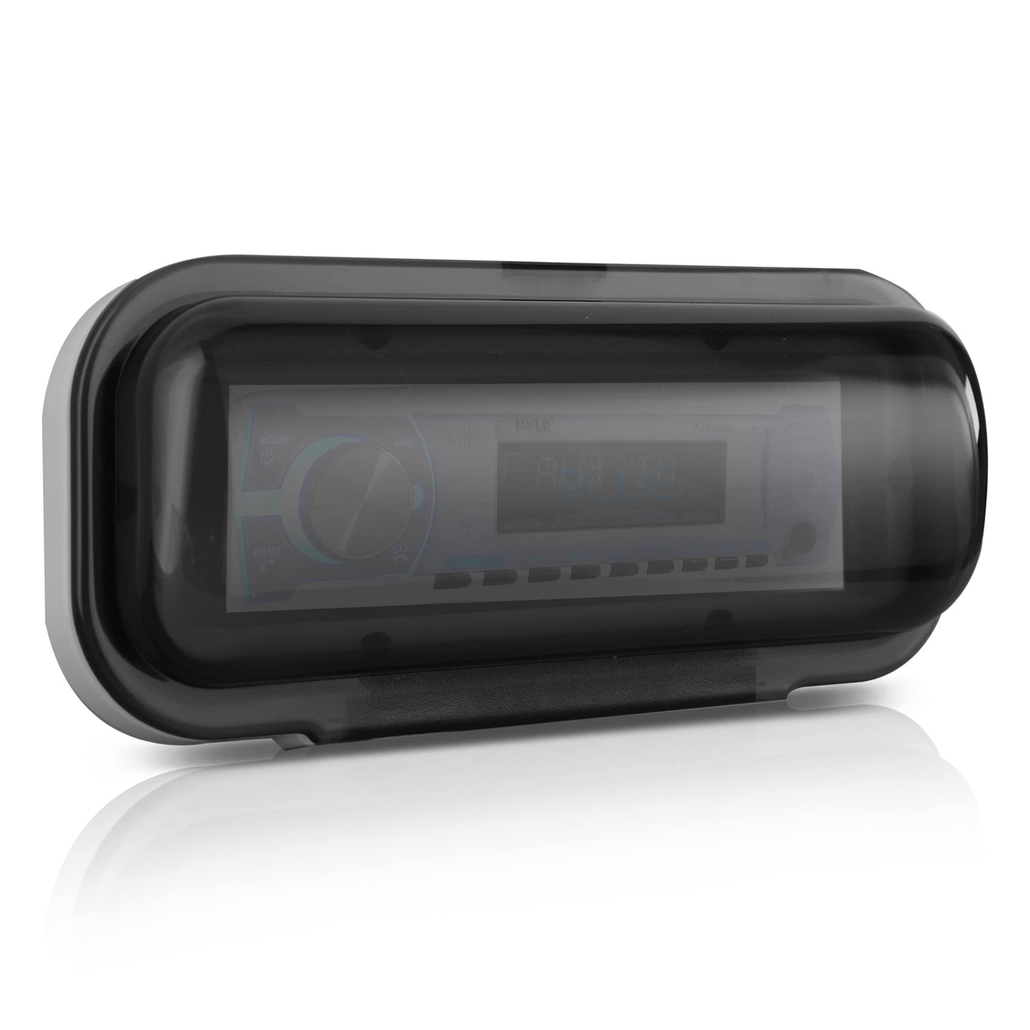 Pyle Water Resistant Marine Stereo Cover - Smoke Colored Heavy Duty Boat Radio Protector Shield with Flip-up Door & Spring Loaded Release - Mounting Gasket Included - PLMRCW1