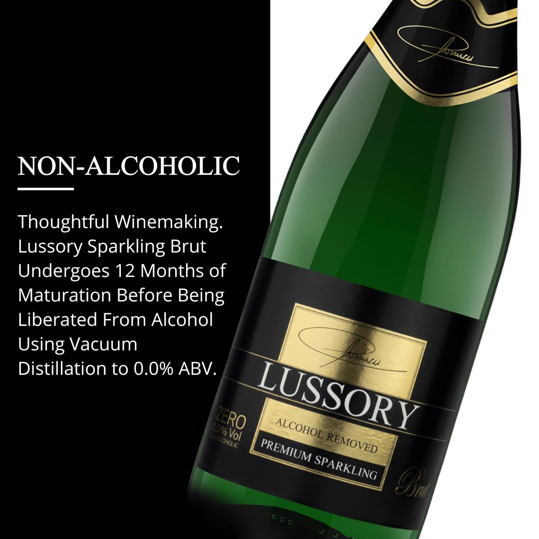Lussory Premium Sparkling Brut Dealcoholized 0.0% Non Alcoholic Wine Bubbly From Spain, Low Calories, Low Sugar, Halal (750ml, 1 Bottle)