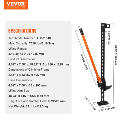 VEVOR Farm Jack,48" Utility High Lift Farm Jack, 7000 lbs Capacity Ratcheting Off Road Utility Jack, Heavy-Duty Farm Jack for Tractor, Truck, SUV, Bumper Lift, Orange