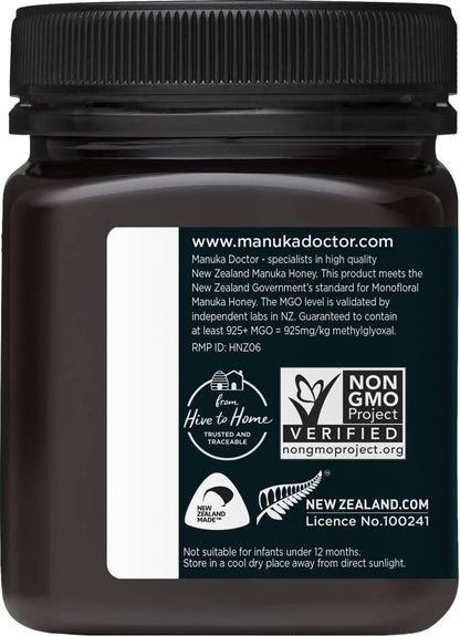 MANUKA DOCTOR - MGO 925+ Manuka Honey Monofloral, 100% Pure New Zealand Honey. Certified. Guaranteed. RAW. Non-GMO (8.75 oz)