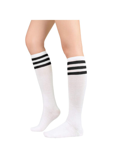 Century Star Women's Athletic Knee High Socks - Thin Stripes Tube High Stockings for Outdoor Sport - 1 Pack White Black One Size