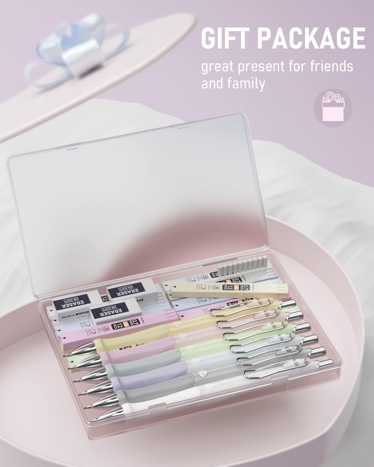 Nicpro 6PCS Pastel Mechanical Pencil Set 0.7 mm, Cute Mechanical Pencils with Comfort Grip with 12 Tubes HB Lead Refill, 3 Eraser, 9 Eraser Refills for Student Writing, Drawing, Sketching- with Case