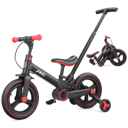 JMMD Toddler Bike with Push Handle for Kids 18-60 Months, 6 in 1 Foldable Push Bike with Training Wheels, Pedals, Brakes, Kickstand, Kid Balance Bike Gift & Toys for Boy & Girl, Black