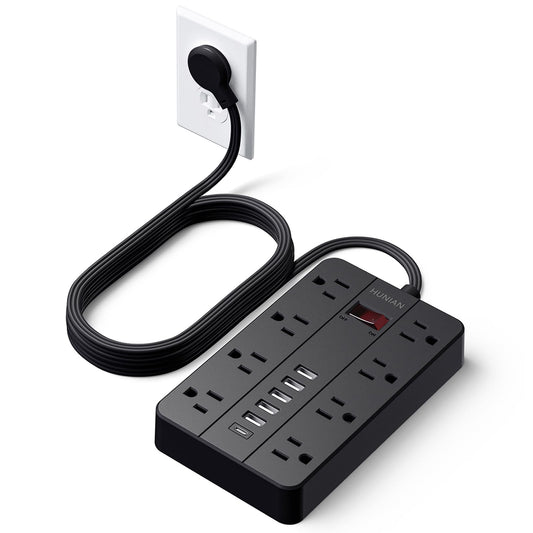 Power Strip Surge Protector, HUNIAN Flat Plug 10 Ft Long Extension Cord with 8 Widely Spaced Outlets 6 USB (1 USB C Port), Wall Mount Charging Station for Home and Office