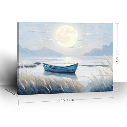 amatop Coastal Bathroom Wall Art Blue Beach Nautical Ocean Nature Canvas Picture with Boat Moon Lake Mountain Sea Relaxing Serene Landscape Gallery Wrapped Artwork for Modern Home Bedroom Decor 16x12