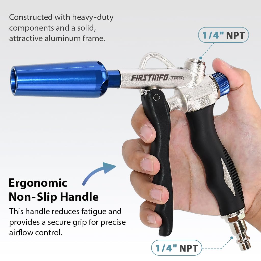 FIRSTINFO A18569US Adjustable Air Flow | Two-Way Taiwan Air Blow Gun with Higher Flow Nozzle | TPR Anti-slip Handle