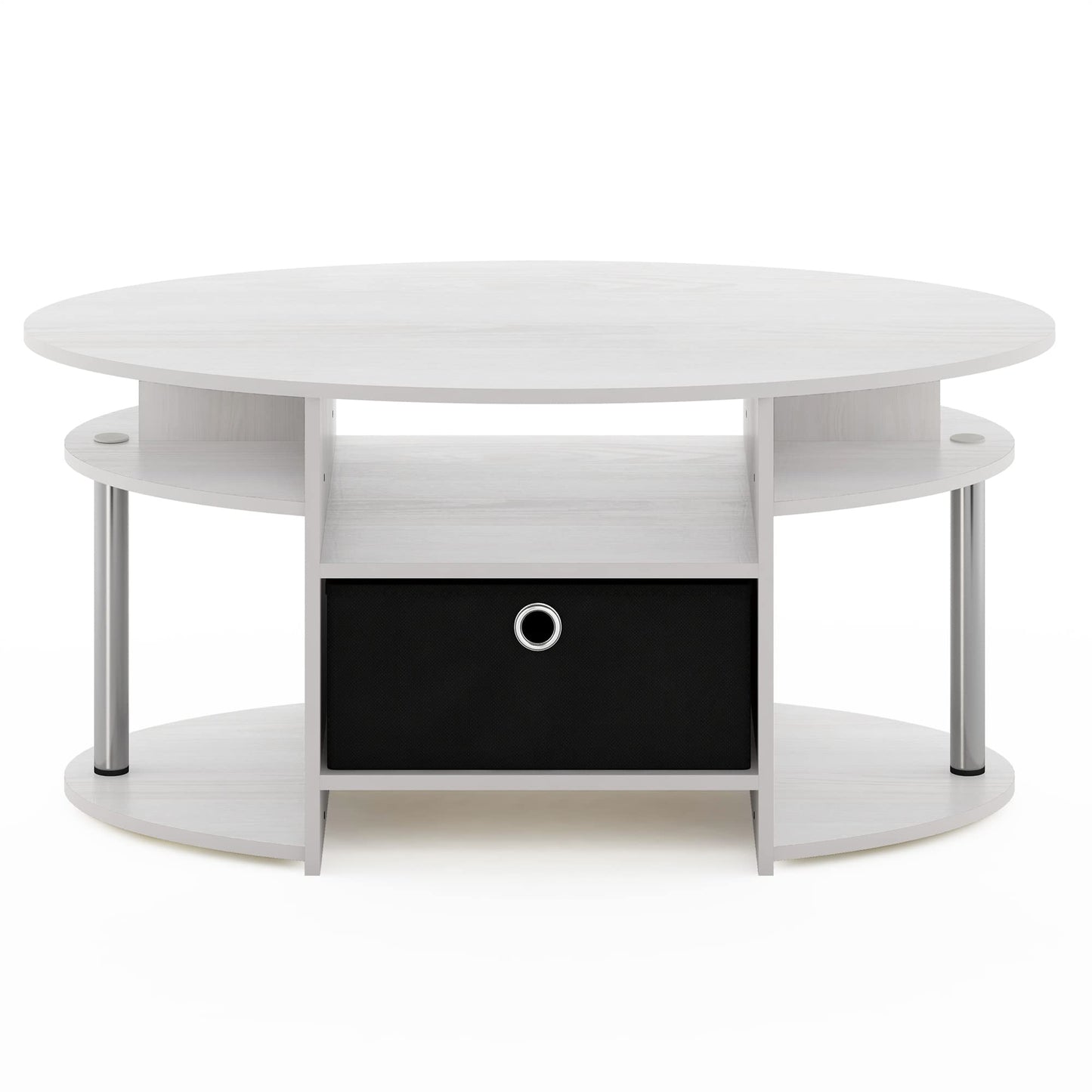 Furinno Jaya Simple Design Oval Coffee Table with Bin for Living Room, White Oak/Chrome/Black